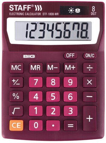 Калькулятор настольный STAFF STF-1808-WR, КОМПАКТНЫЙ (140х105 мм), 8 разрядов, двойное питание, БОРДОВЫЙ, 250467