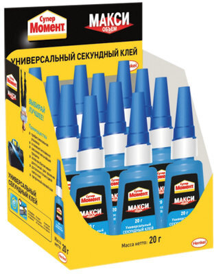 Клей моментальный Супер МОМЕНТ, 20 г, МАКСИМАЛЬНЫЙ ОБЪЕМ, в шоу-боксе, 1256317