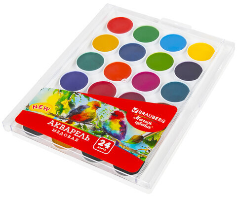 Краски акварельные BRAUBERG "МАГИЯ ЦВЕТА NEW", медовые, 24 цвета, круглые кюветы, пластиковый пенал, 192365