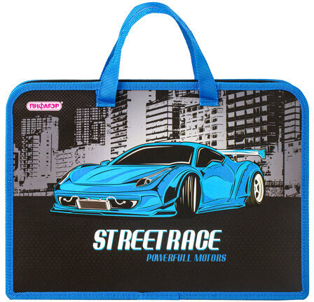 Папка с ручками ПИФАГОР А4, 1 отделение, пластик, молния сверху, 40 мм, SuperCar, 270331