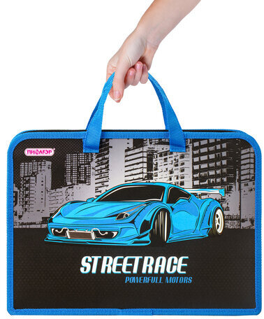 Папка с ручками ПИФАГОР А4, 1 отделение, пластик, молния сверху, 40 мм, SuperCar, 270331