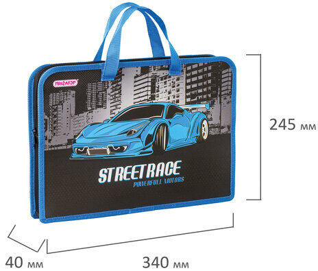 Папка с ручками ПИФАГОР А4, 1 отделение, пластик, молния сверху, 40 мм, SuperCar, 270331