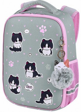 Ранец BRAUBERG LIGHT, 1 отделение, с брелоком, &quot;Cat patches&quot;, плюшевые нашивки, 36х26х13 см, 272030