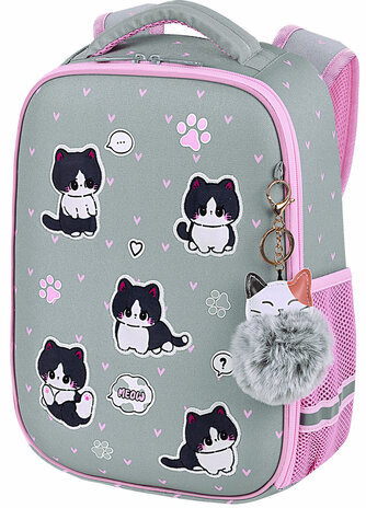 Ранец BRAUBERG LIGHT, 1 отделение, с брелоком, "Cat patches", плюшевые нашивки, 36х26х13 см, 272030