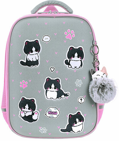 Ранец BRAUBERG LIGHT, 1 отделение, с брелоком, "Cat patches", плюшевые нашивки, 36х26х13 см, 272030