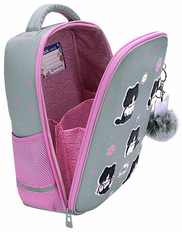 Ранец BRAUBERG LIGHT, 1 отделение, с брелоком, "Cat patches", плюшевые нашивки, 36х26х13 см, 272030