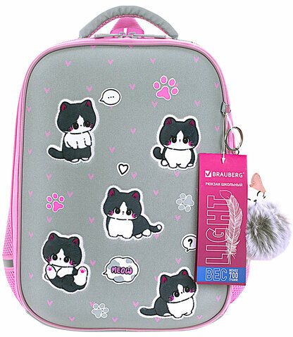 Ранец BRAUBERG LIGHT, 1 отделение, с брелоком, "Cat patches", плюшевые нашивки, 36х26х13 см, 272030