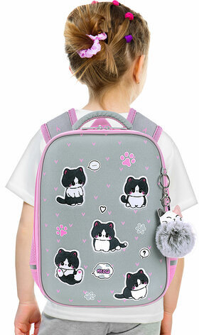 Ранец BRAUBERG LIGHT, 1 отделение, с брелоком, "Cat patches", плюшевые нашивки, 36х26х13 см, 272030