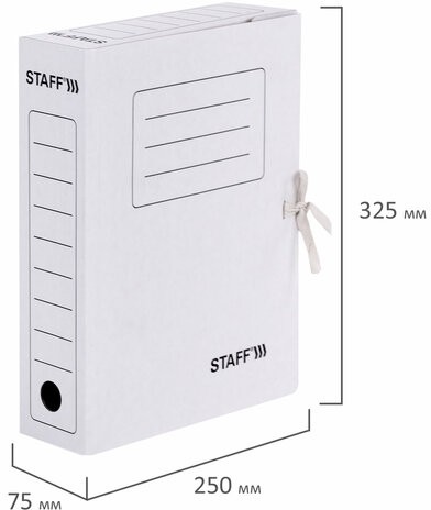 Папка архивная с завязками А4 (325х250 мм), 75 мм, до 700 листов, микрогофрокартон, БЕЛАЯ, STAFF, 128869