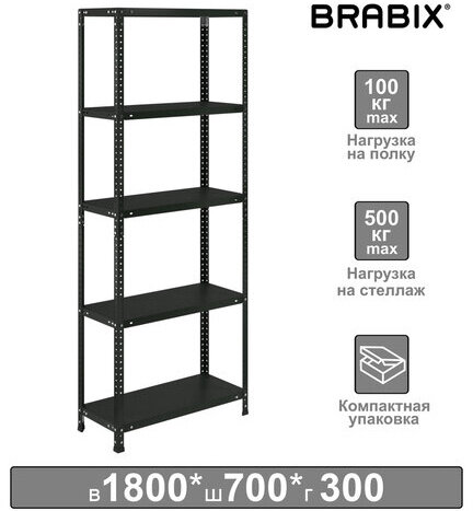 Стеллаж металлический BRABIX "ГРАФИТ MS KD-180/30/70-5", лофт, 1800х700х300 мм, 5 полок, 291267, S240BR123593