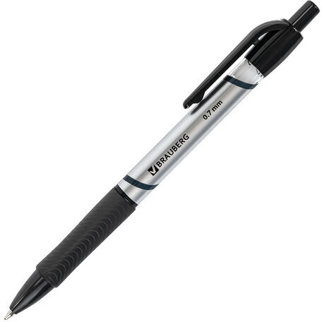 Ручка шариковая автоматическая с грипом BRAUBERG "Leader", ЧЕРНАЯ, корпус с печатью, узел 0,7 мм, линия письма 0,35 мм, 141541