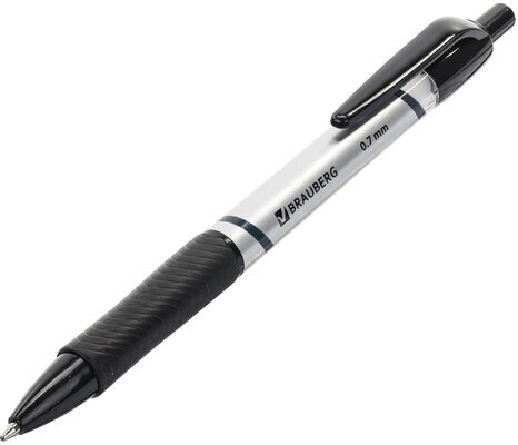 Ручка шариковая автоматическая с грипом BRAUBERG "Leader", ЧЕРНАЯ, корпус с печатью, узел 0,7 мм, линия письма 0,35 мм, 141541