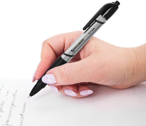 Ручка шариковая автоматическая с грипом BRAUBERG "Leader", ЧЕРНАЯ, корпус с печатью, узел 0,7 мм, линия письма 0,35 мм, 141541