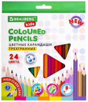 Карандаши цветные BRAUBERG KIDS NEW, 24 цвета, трехгранные, грифель 3 мм, 182002