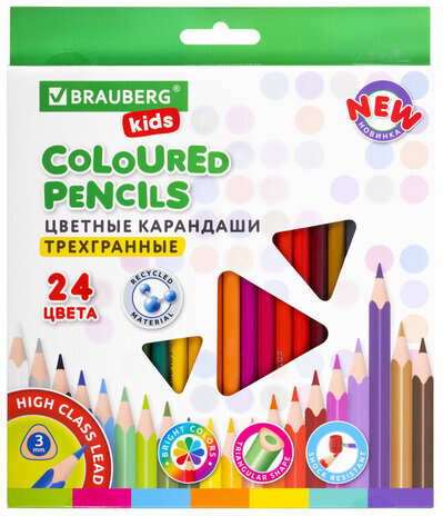 Карандаши цветные BRAUBERG KIDS NEW, 24 цвета, трехгранные, грифель 3 мм, 182002