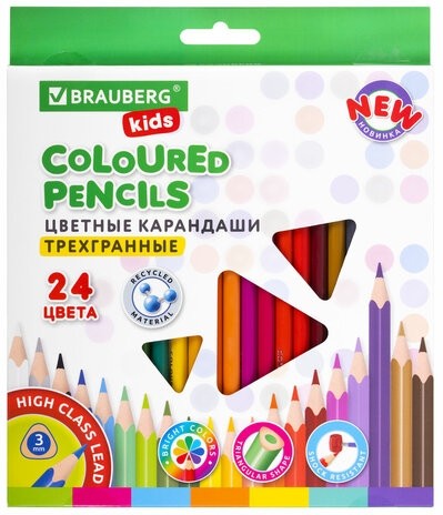 Карандаши цветные BRAUBERG KIDS NEW, 24 цвета, трехгранные, грифель 3 мм, 182002