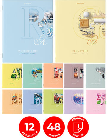 Тетради предметные, КОМПЛЕКТ 12 ПРЕДМЕТОВ, ПАСТЕЛЬНАЯ, 48 листов, обложка картон, BRAUBERG, 404026