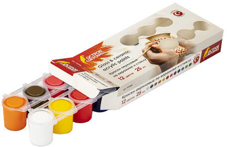 Краски акриловые по керамике и стеклу ОСТРОВ СОКРОВИЩ 12 цветов по 25 мл, 191698