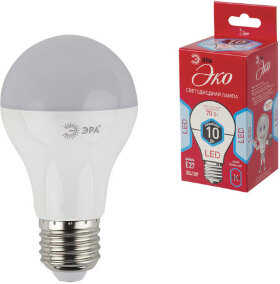 Лампа светодиодная ЭРА, 10 (70) Вт, цоколь E27, грушевидная, холодный белый свет, 25000 ч., LED smdA60-10w-840-E27ECO