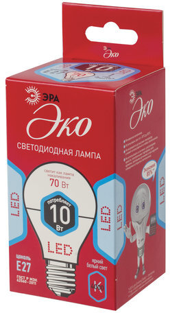 Лампа светодиодная ЭРА, 10 (70) Вт, цоколь E27, грушевидная, холодный белый свет, 25000 ч., LED smdA60-10w-840-E27ECO