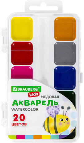 Краски акварельные BRAUBERG KIDS, медовые, 20 цветов, квадратные кюветы, пластиковый пенал, 192283