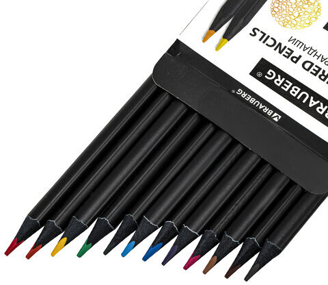 Карандаши цветные чёрное дерево BRAUBERG BLACK WOOD, 12 цветов, трехгранный корпус, грифель мягкий 3 мм, 181948