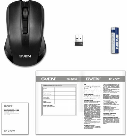Мышь беспроводная SVEN RX-270W, 3 кнопки + 1 колесо-кнопка, оптическая, чёрная, SV-016234