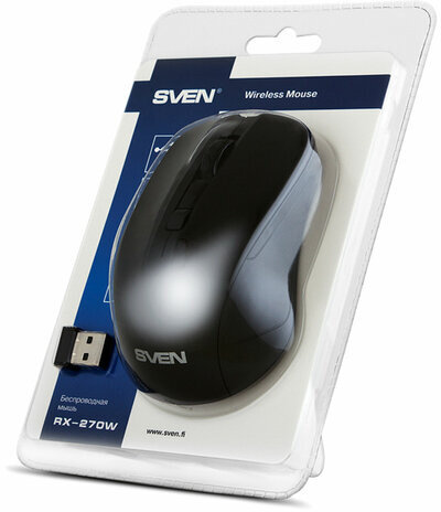 Мышь беспроводная SVEN RX-270W, 3 кнопки + 1 колесо-кнопка, оптическая, чёрная, SV-016234