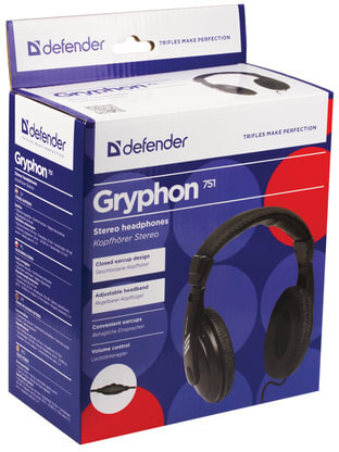 Наушники DEFENDER HN-751, проводные, 2 м, стерео, полноразмерные, регулятор громкости, 63751
