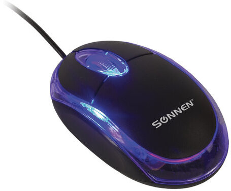Мышь проводная SONNEN М-204, USB, 1000 dpi, 2 кнопки + колесо-кнопка, оптическая, подсветка, черная, 512632