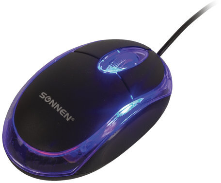 Мышь проводная SONNEN М-204, USB, 1000 dpi, 2 кнопки + колесо-кнопка, оптическая, подсветка, черная, 512632