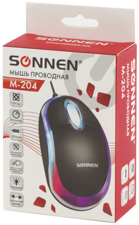 Мышь проводная SONNEN М-204, USB, 1000 dpi, 2 кнопки + колесо-кнопка, оптическая, подсветка, черная, 512632