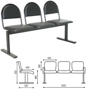 Кресло для посетителей трехсекционное &quot;Тройка&quot;, 835х1420х520 мм, черный каркас, черный кожзам, СМ 91-03 К01