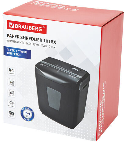Уничтожитель (шредер) BRAUBERG 1018X, 4 уровень секретности, фрагменты 4х40 мм, 10 листов, 18 л, 532150