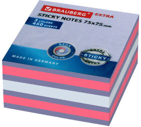Блок самоклеящийся (стикеры) EXTRA STICKY BRAUBERG (Германия), НЕОНОВЫЙ, 75х75 мм, 450 л., 3 цвета, 112424