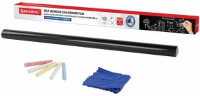 Доска-пленка меловая самоклеящаяся в рулоне, ЧЕРНАЯ, 60х120 см, 5 мелков и салфетка, BRAUBERG, 237838