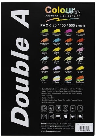 Бумага цветная DOUBLE A, А4, 80 г/м2, 100 л. (5 цветов x 20 листов), микс пастель