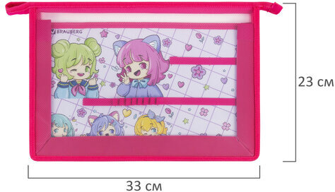 Папка для труда BRAUBERG А4, 2 отделения, пластик, молния сверху, органайзер, "Anime party", 272214