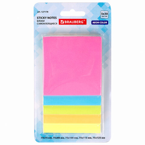 Блоки самоклеящиеся (стикеры) BRAUBERG, НЕОНОВЫЕ, 75х75, 75х88, 75х100, 75х113, 75х125 мм, 5 цветов х 30 листов, 127178