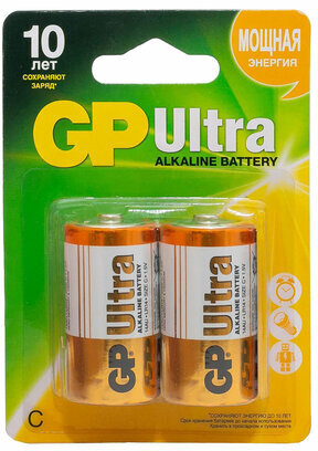 Батарейки GP Ultra, С (LR14, 14 А), алкалиновые, КОМПЛЕКТ 2 шт., блистер, 14AU-2CR2