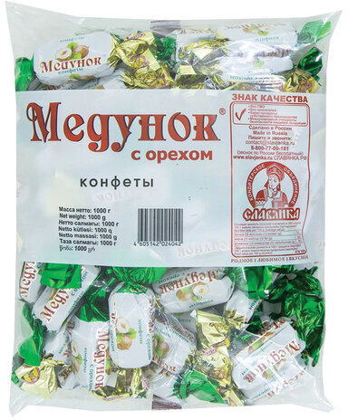 Конфеты шоколадные СЛАВЯНКА "Медунок" с орехом и мягкой карамелью, 1000 г, пакет, 20538