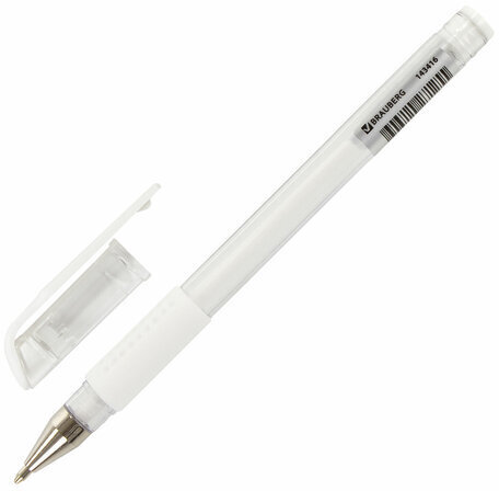 Ручка гелевая с грипом BRAUBERG "White", БЕЛАЯ, пишущий узел 1 мм, линия письма 0,5 мм, 143416