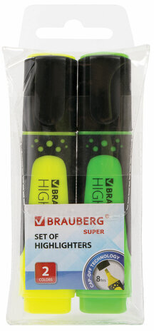 Набор текстовыделителей BRAUBERG 2 шт., ЖЕЛТЫЙ/ЗЕЛЕНЫЙ, &quot;SUPER&quot;, прорезиненный корпус, линия 1-5 мм, 151744