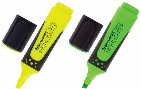 Набор текстовыделителей BRAUBERG 2 шт., ЖЕЛТЫЙ/ЗЕЛЕНЫЙ, "SUPER", прорезиненный корпус, линия 1-5 мм, 151744