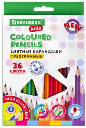 Карандаши цветные BRAUBERG KIDS NEW, 36 цветов, трехгранные, грифель 3 мм, 182003