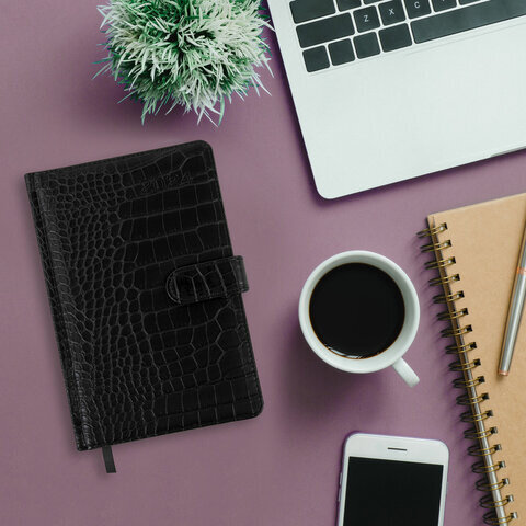 Еженедельник датированный 2024 А5 145х215 мм BRAUBERG "Party", под кожу, черный, 115033