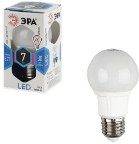 Лампа светодиодная ЭРА, 7 (60) Вт, цоколь E27, грушевидная, холодный белый свет, 30000 ч., LED smdA55/A60-7w-840-E27
