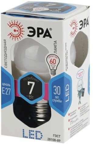 Лампа светодиодная ЭРА, 7 (60) Вт, цоколь E27, грушевидная, холодный белый свет, 30000 ч., LED smdA55/A60-7w-840-E27