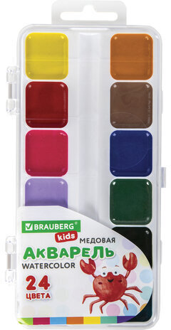 Краски акварельные BRAUBERG KIDS, медовые, 24 цвета, квадратные кюветы, пластиковый пенал, 192284