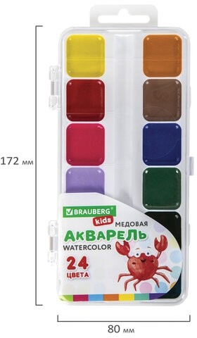 Краски акварельные BRAUBERG KIDS, медовые, 24 цвета, квадратные кюветы, пластиковый пенал, 192284